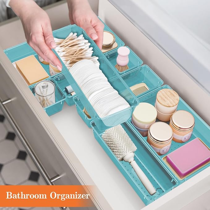 SpaceHacks 25 PCS Plastic Drawer Organizer Set, 4-Size Versatile Organizer Trays & Storage Bins for Makeup, Jewelry, and Gadgets in Bathroom, Bedroom and Office, Sea Blue - Image 6