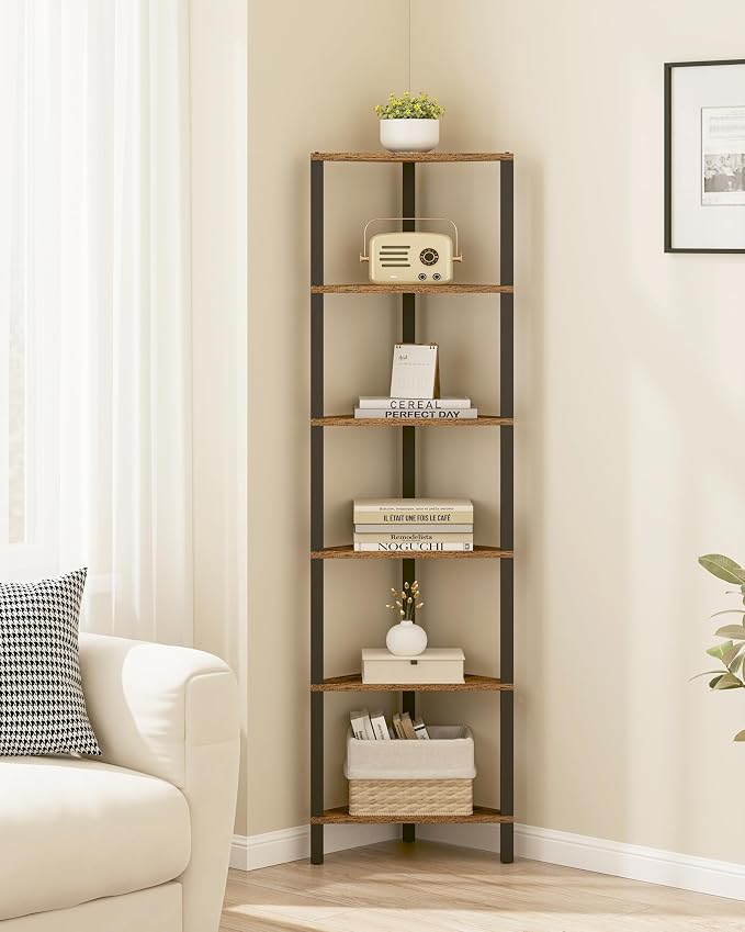 TUTOTAK Corner Shelf, 6-Tier Corner Bookshelf for Small Space, Narrow Display Corner Shelf Stand with Storage Rack, for Living Room, Bedroom, Rustic Brown BS05BB006 - Image 4