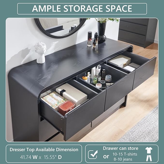 Aitjunz Modern 7 Drawers Dresser for Bedroom, 47" Wide Wood Dressers & Chests of Drawers w/Curved Profile Design, Mid Century Modern Dresser w/Natural Texture for Bedroom, Living Room, Black