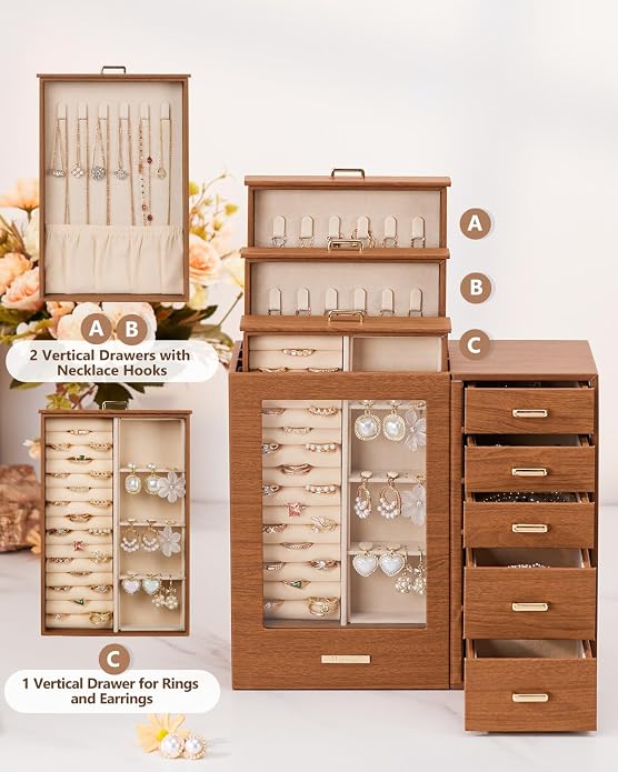 Homde Large Jewelry Box/Organizer/Case with Glass Window, Drawers for Necklaces Earrings Rings Bracelets Watches Gift for Women Girls - Image 3