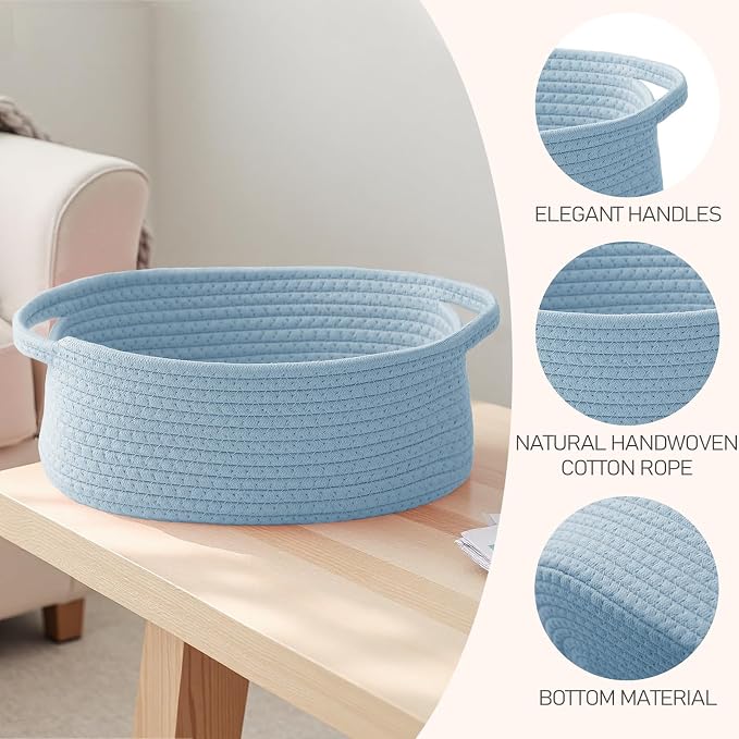 JMvicyroam Woven Basket,Small Rope Storage Bin with Handles & Ribbon Bag, Organizer for Shelves Closets,Gift Basket Empty for Birthday,Books,Dog Toys, Blue - Image 3