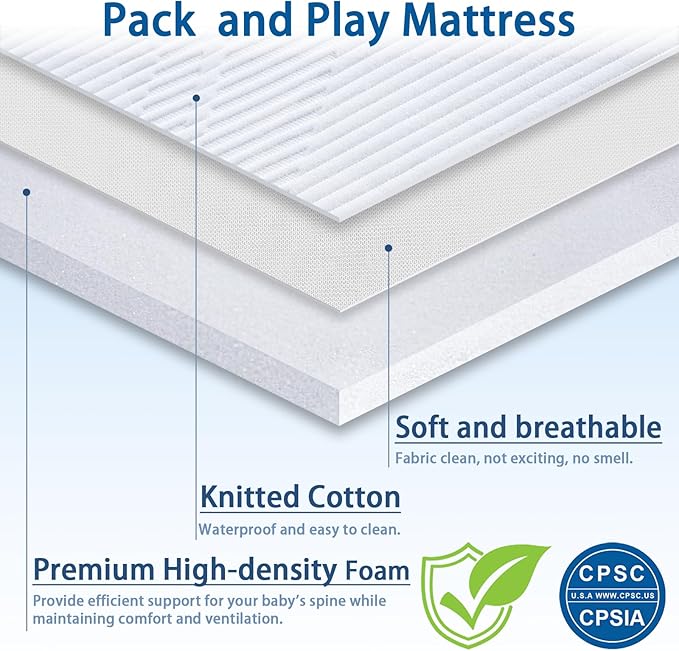 Pack and Play Mattress 38 x 26 x 1.25 inch, Soft Breathable Playard & Pack N Play Mattresses with Washable Waterproof Cover for Baby ＆Toddler