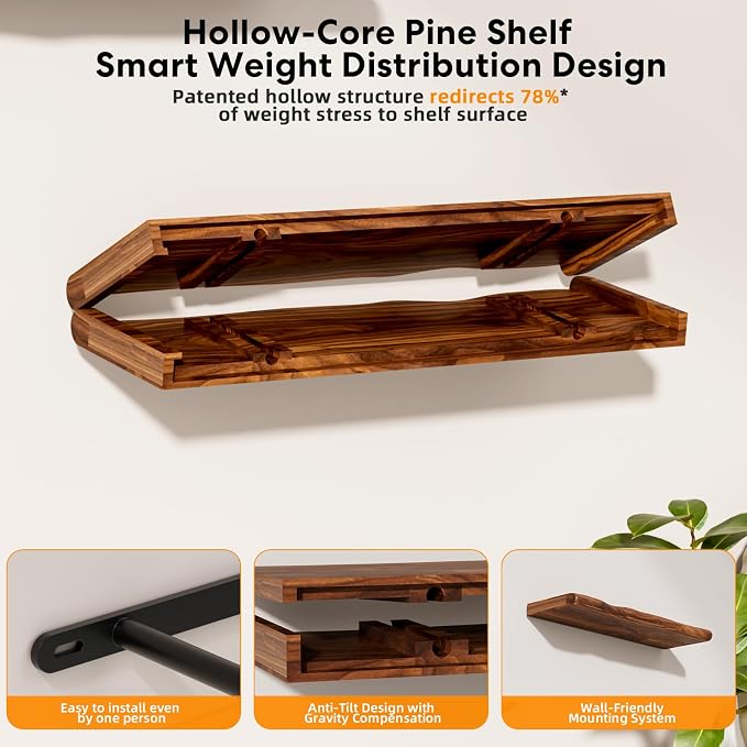 Floating Shelves for Wall Rustic Farmhouse 48 Inch Floating Shelf Bathroom Wooden Shelves for Wall Mounted Live Edge Pine Shelf with Unique Natural Grain for Living Room Bedroom Kitchen (Walnut) - Image 7