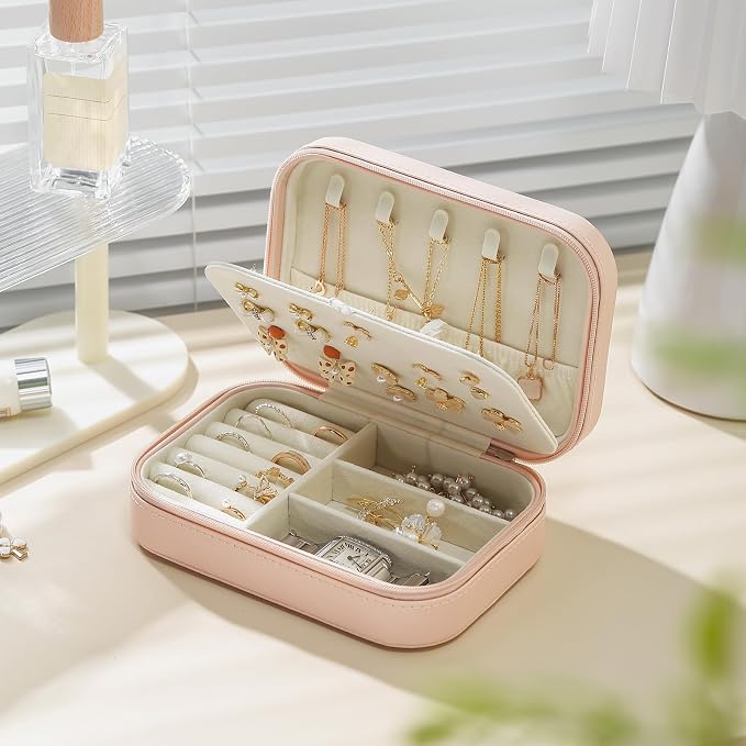 CASEGRACE Travel Jewelry Case, Double Layer Travel Jewelry Organizer for Necklace Earring Rings Jewelry Display Case for Women, Pink - Image 6