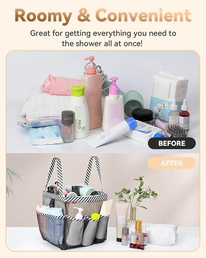 Temede Mesh Shower Caddy Tote, Large Shower Caddy Basket Portable, Quick Dry Hanging Toiletry Bag, 8 Storage Pocket Handle Bath Organizer for College Dorm, Gym, Camp, Travel - Image 5