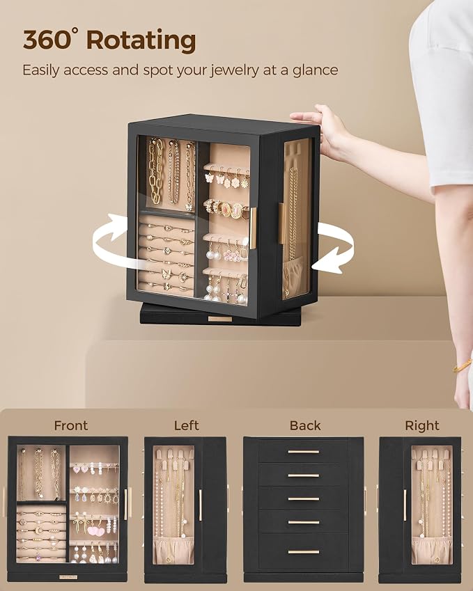 Glimmloop 360° Rotating Jewelry Box with 5 Drawers, Spacious Vertical Jewelry Organizer with Glass Window, Jewelry Storage Case, Dustproof & Moisture-resistant Design, Black - Image 4