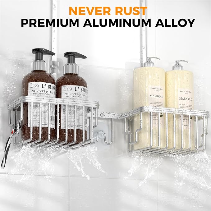 REINHARDT Aluminum Shower Caddy Hanging Adjustable Shower Caddy, Rustproof Hanging Shower Organizer with Hooks Soap Holders, Over Shower Head Caddy for Handheld Showerhead, Silver - Image 3