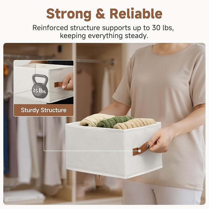 StorageWorks Closet Organizer Storage Baskets, Storage Bins for Shelves, Fabric Organization and Storage, Foldable Closet Organizer for Clothes, Ivory White, 3-Pack, Small - Image 5