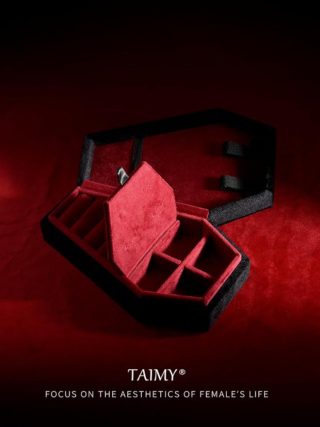 TAIMY Coffin Jewelry Box, Mini Coffin Shaped Gothic Jewelry Case, Plush Velvet Small Jewelry Organizer for Earrings Rings Necklaces Bracelets(Black-Red) - Image 4