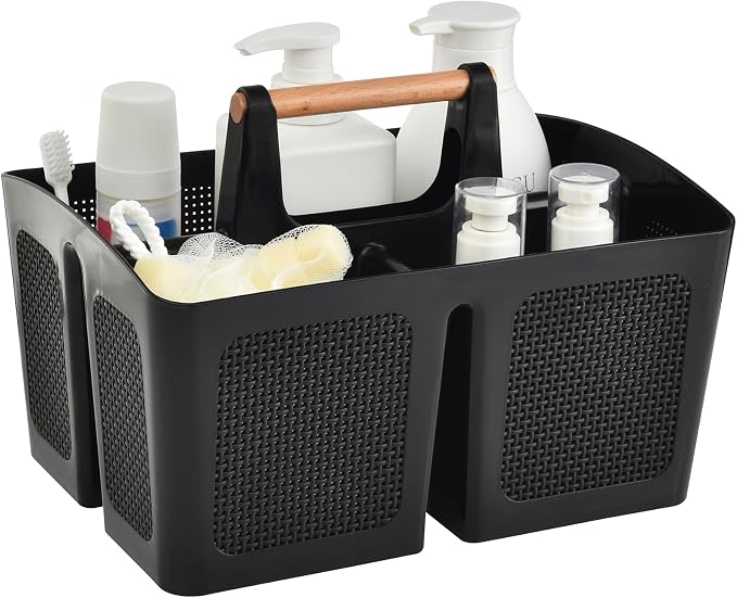 ALINK Portable Shower Caddy Basket with Compartments, Plastic Divided Cleaning Caddy Organizer Storage Tote with Handle for Bathroom, College, Dorm Room Essentials, Black by ALINK
