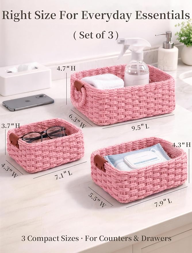 Storage Basket, Recycled Paper Rope Bathroom Basket Organizer, 3Pcs Small Baskets for Organizing, Mini wicker Basket for Decorative Storage Bins, Shelves, Bathroom, Cabinet - Pink - Image 2