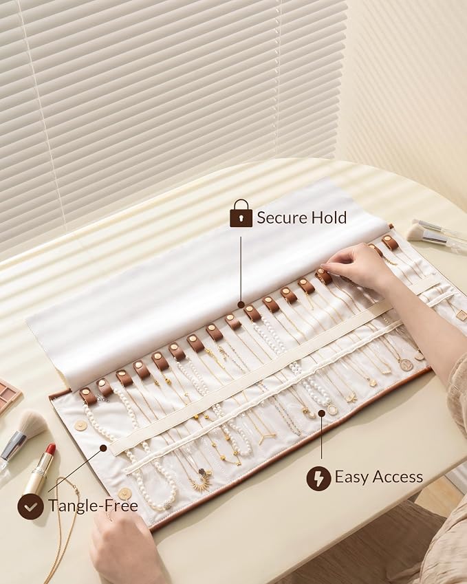 Lolalet Travel Necklace Organizer, Tangle-Free Necklace Case for Travel, Leather Foldable Roll Up Jewelry Storage Bag for Necklaces Chains Bracelets, Mothers Day Gift - Image 4