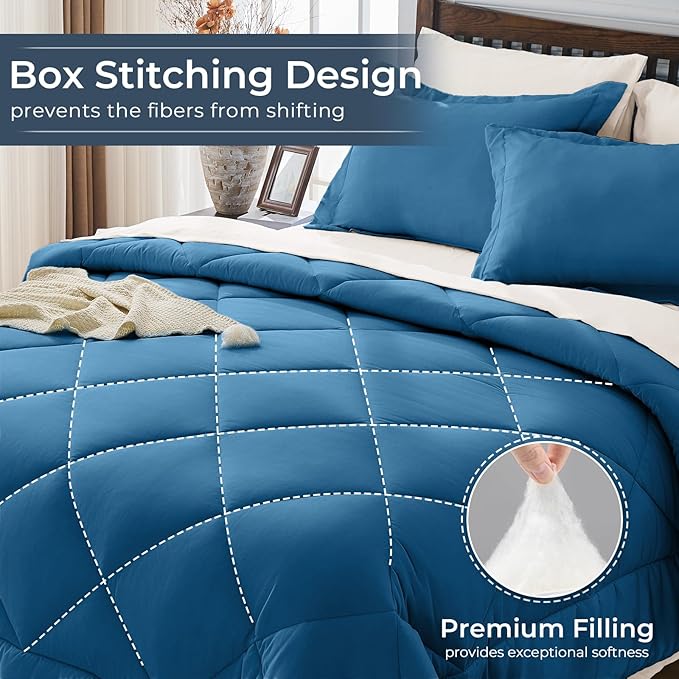 HEVUMYI Teal Blue & Ivory Full Comforter Set - 7-Piece All Season Bed in a Bag Full, Ultra Soft Bedding Set with Comforter, Flat Sheet, Fitted Sheet, Pillowcases, Pillow Shams, Teal Blue & Ivory