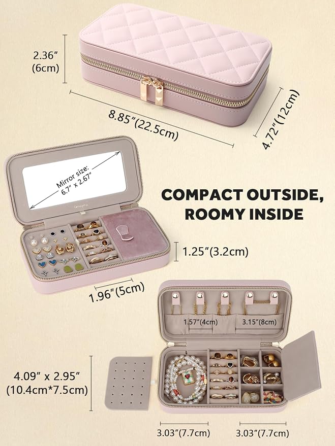 Travel Jewelry Case with Mirror, Quilted Small Jewelry Box Organizer for Women Girls, Portable Earring Necklace Bracelet Ring Holder Storage for Travel Weekend Trips (Blush Pink) - Image 3