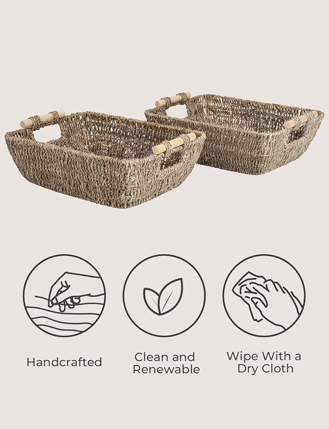 StorageWorks Hand-Woven Large Storage Baskets with Wooden Handles, Seagrass Wicker Baskets for Organizing, 2-Pack - Image 4