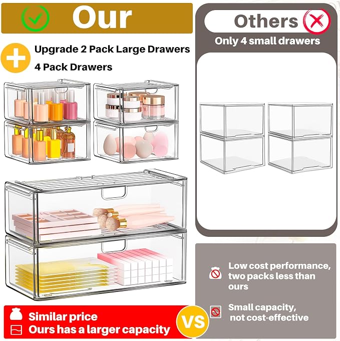 caktraie Acrylic Storage Drawers Set of 6, Clear Makeup Organizer, Plastic Organizer Bins for Beauty Supplies,Ideal for Vanity, Bathroom,Cabinet,Pantry Organization - Image 7