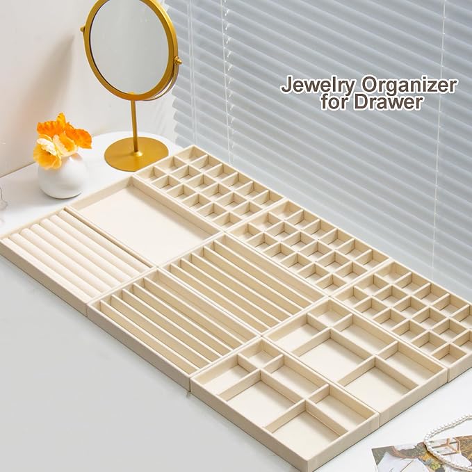 SPAKOWN Jewelry Drawer Organizer Inserts Set of 9, Jewelry Trays for Drawers Velvet Jewelry Organizer Tray Drawer Jewelry Organizers and Storage for Earring Ring Necklace Watch Bracelet (Beige) - Image 2
