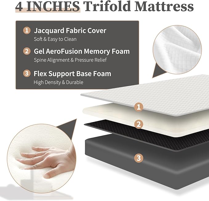 Sweetcrispy Tri-fold Memory Foam Mattress - 4 Inch Full Size Portable Bed Pad, Foldable Floor Mat, Collapsible and Washable Cover with CertiPUR-US Certified, for Travel & Camping & Yoga