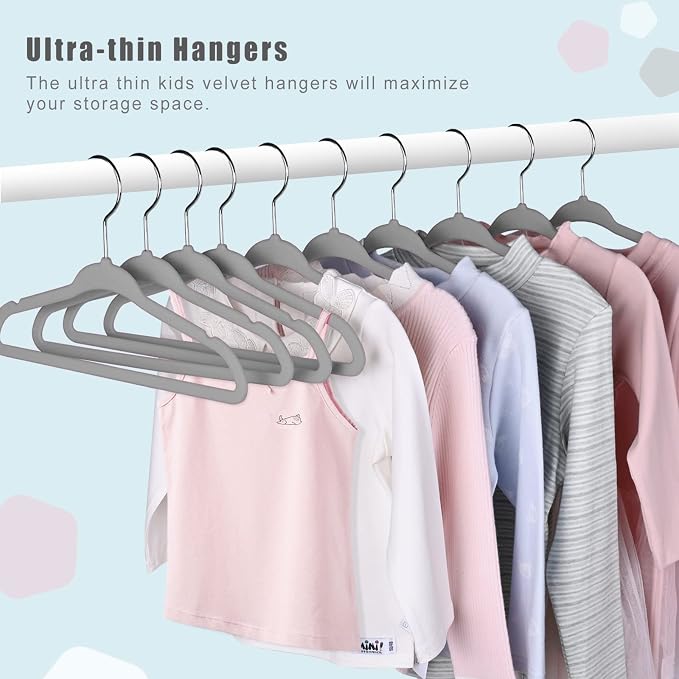 BAGAIL 50 Pack Kids Velvet Hangers 11 Inches Children's Clothes Hangers Non-Slip Baby Hangers for Infant/Toddler (Grey) - Image 5