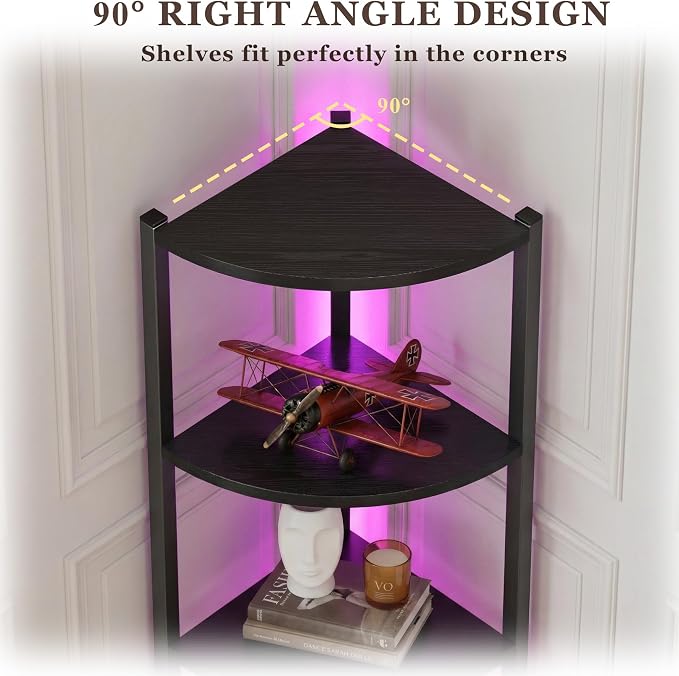 Corner Shelf with Storage, LED Lights 6-Tier Corner Bookshelf, 66'' Organizer Book Shelf Shelves Steel Frame Display Stand with Living Room, Bedroom, Study, Black - Image 3