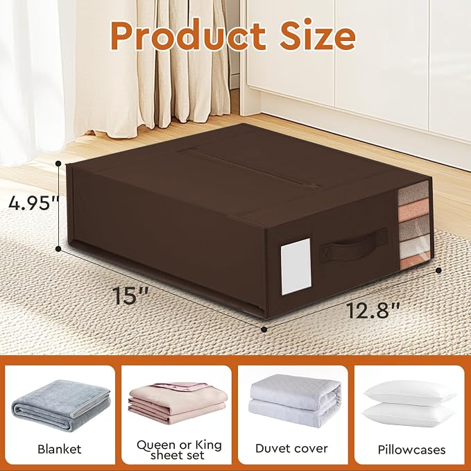 StorageTastic 4 Pack Bed Sheet Closet Organizers and Storage,Sturdy Foldable Storage Containers with Window and Label,Storage and Organization for Bedding Sheets,Duvet Covers,Blankets (Brown) - Image 2