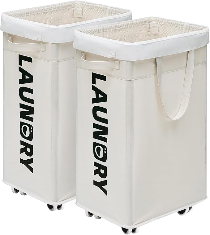 CHICVITA 2-Pack Laundry Baskets with Wheels and Handle,75L Collapsible Clothes Basket with Removable Wash Bags for Dorms and Corners, White Rolling Laundry Hamper by CHICVITA