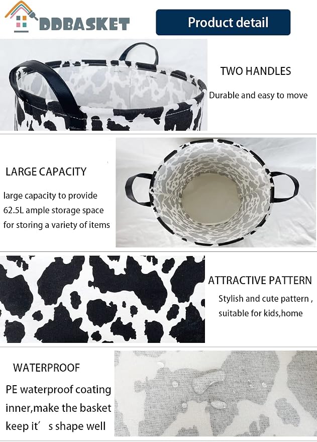 Cow Print Laundry Basket Baby Nursery Clothes Hamper Collapsible Toy Storage Bin Organizer with Handles for Kids,Boys and Girls Room Decor(Cow) - Image 3