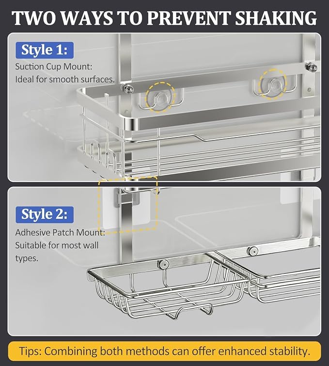 OMAIRA Shower Caddy Hanging with Soap Scrub Holder, Stainless Steel Adjustable No Drilling Non-Slip Large Capacity Sturdy Over Shower Head Shower Organizer Inside Shelves Bathroom Storage Rack, Silver - Image 6