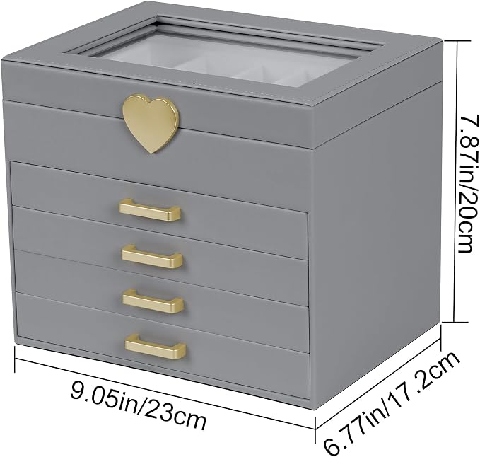 Kendal Jewelry Box, 5-Layer Jewelry Organizer Box with Glass Lid, Gray, Heart Shaped PU Leather, Storage Box for Necklace Earrings Rings Bracelets, Gift Idea for Girls LJC4DRGY - Image 3