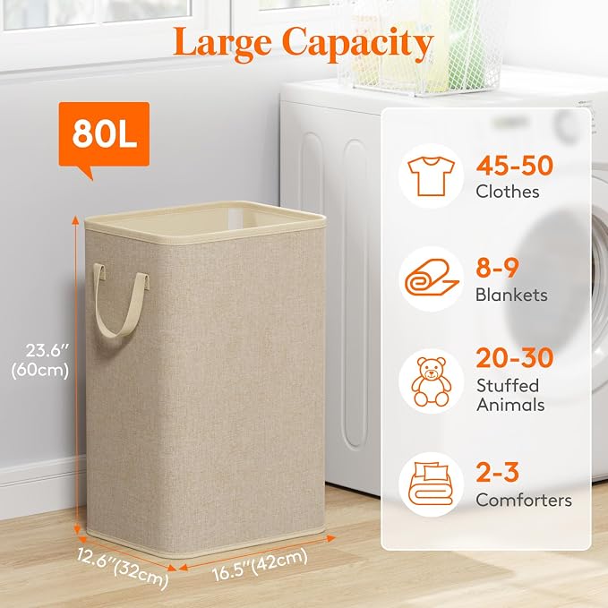 Lifewit 80L Large Tall Laundry Hamper, Collapsible Laundry Basket with Handles, Foldable Clothes Hampers for Laundry, Portable Dirty Clothes Hamper for Dorm College Bedroom Bathroom, Beige - Image 2