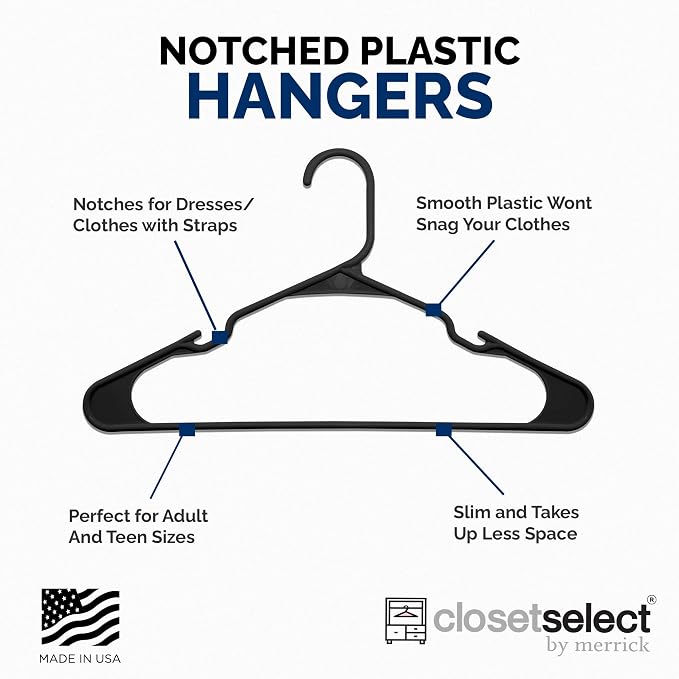 Closetselect Plastic Hangers 50 Pack - Space Saving Clothes Hangers, Made in USA, Durable & Strong Plastic Shirt & Coat Hanger with Notches & Shoulder Grooves, Non-Slip Clothing Hangers | Black - Image 4