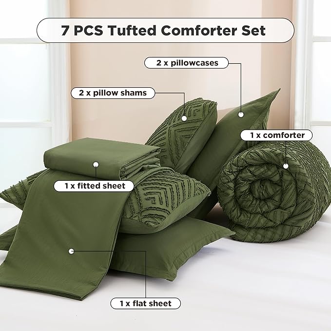 Andency California King Comforter Set Olive Green - 7 Piece Cal King Bed in a Bag Boho Olive Green Tufted Bedding Sets, Bed Set with Comforter, Sheets, Pillowcases & Shams