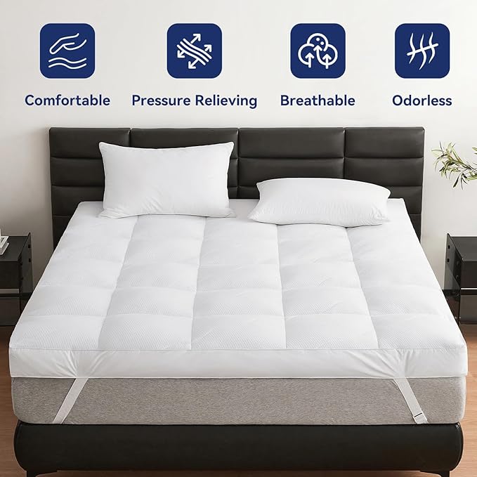 Dual Layer 5 Inch Goose Feather Mattress Topper Cal King Size, 4 Inch Goose Feather Plus 1 Inch Down Alternative Pillow Top, Medium Firm Featherbed with Adjustable Straps(72"x84", Wavy)