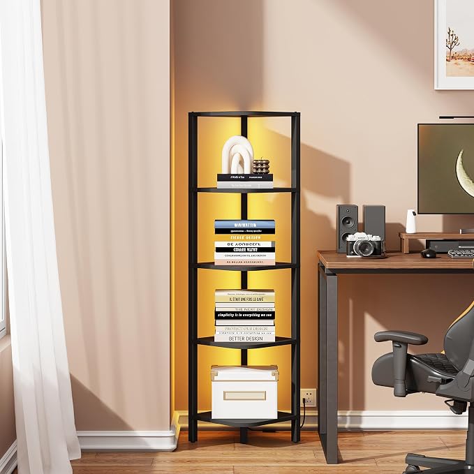 TUTOTAK Corner Shelf with LED Light, 5-Tier Corner Bookshelf for Small Space, Narrow Display Corner Shelf Stand with Storage Rack, for Living Room, Bedroom, Black BS08BK005L by ChoosetutotakFurnitureBuildYourCozyHome