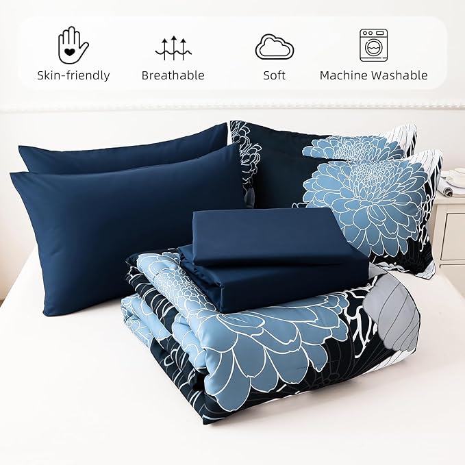 Yiran Navy Blue Floral Boho Comforter Set King Size 7 Pieces Bed in a Bag Flowers Soft Microfiber Bedding Set(1 Comforter 1 Flat Sheet 1 Fitted Sheet 2 Pillowshams 2 Pillowcases)