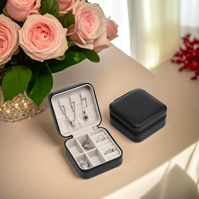 Vlando Small Faux Leather Travel Jewelry Box Organizer Display Storage Case for Rings Earrings Necklace, Black - Image 8