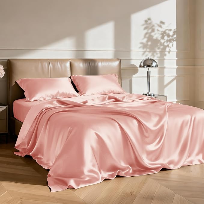 Love's cabin Full Size Satin Sheet Sets - 4 Piece Coral Silky Satin Sheet Set Full with Deep Pocket, Luxury Silk Feel Satin Bed Sheets Full Bedding Set (1 Flat Sheet,1 Fitted Sheet,2 Pillow Cases)