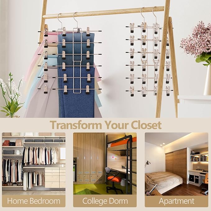 Pants Hangers with Clips,Space Saving Hanging Closet Organizer-6 Tiers Skirt Hangers with 360° Swivel Hook,Closet Organizer-Clothes Hangers- College Dorm Essentials Apartment Essentials- 6 Pack - Image 5