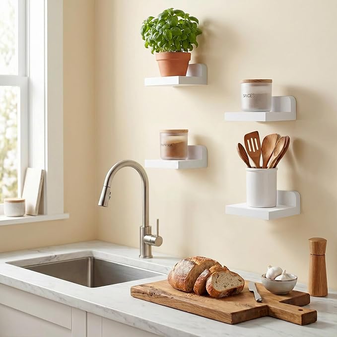Fixwal Small Shelf for Wall, Rustic Wood Floating Wall Mounted Shelves for Bedroom, Living Room, Kitchen, Bathroom Decor, Set of 4, 5 x 5 Inches (White) - Image 5