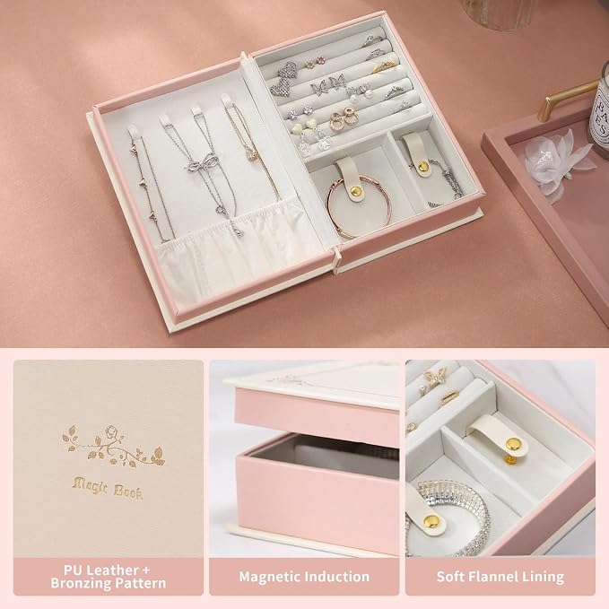 PU Leather Book Jewelry Organizer Box with Magnetic Closure, Stylish Jewelry Box for Women and Girls,Travle Jewelry Case for Rings Necklaces Earring (Ashy Pink) - Image 2
