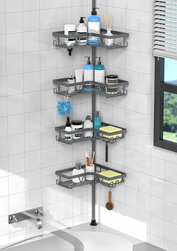 KEGII Corner Shower Caddy Tension Pole - Rustproof Tension Rod Organizer, Floor to Ceiling Shower Caddy 25-114.2 inch, Bathroom Storage Rack Corner Waterproof, Dark Gray by KEGII