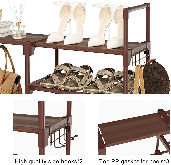 WOWLIVE 9 Tiers Shoe Rack Shoe Storage Shoe Organizer 30-35 Pairs Shoe Tower Unit Shelf Durable Metal Pipes with Plastic Connectors Stackable Cabinet Brown - Image 6