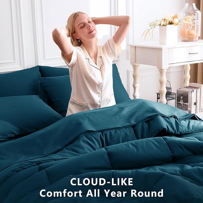 CozyLux Queen Comforter Set Lyons Blue, 7 Pieces Bed in a Bag, Blue Comforters Queen Size, All Season Bedding Sets with Stitch Quilted Comforter, Flat Sheet, Fitted Sheet, Pillowcases