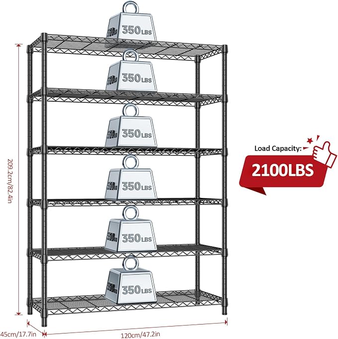 IZEUK 6-Tier Heavy Duty Metal Wire Shelving Unit, Adjustable Storage Rack Organizer for Garage, Kitchen, Office, Basement, Warehouse (Black, 17.7" D x 47.2" W x 82.7" H) - Image 3