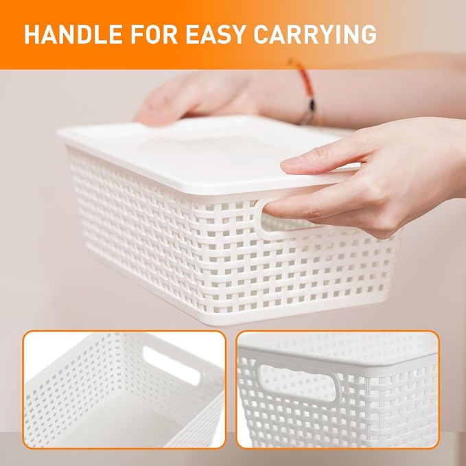 Plastic Storage Baskets With Lid, Storage Bins for Organizing, Stackable Decorative Containers for Shelves Drawers Desktop Closet Playroom Classroom Office, 10 Pack-White - Image 4