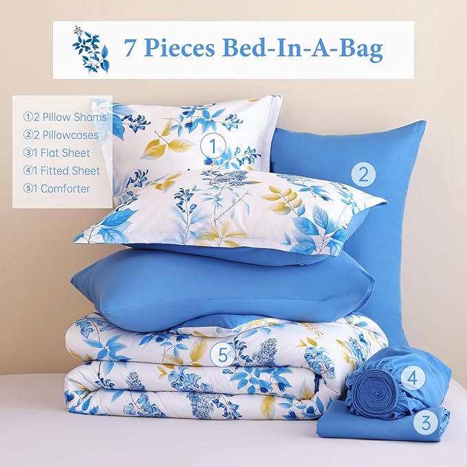 Cottolester Teal Comforter Set Queen Size Floral 7-Piece Bedding Set,Botanical Comforter Set with Pillowcases,Soft Microfiber Complete Bedding Sets for All Season
