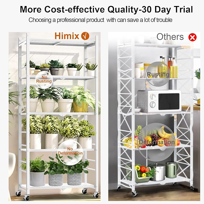 Himix Storage Shelves with 20 Hooks, 5-Tier Foldable Shelves for Storage, Collapsible Organization Rack Bookshelf 440 Ibs for Kitchen Garage Home Room, White - No Assembly - Image 6