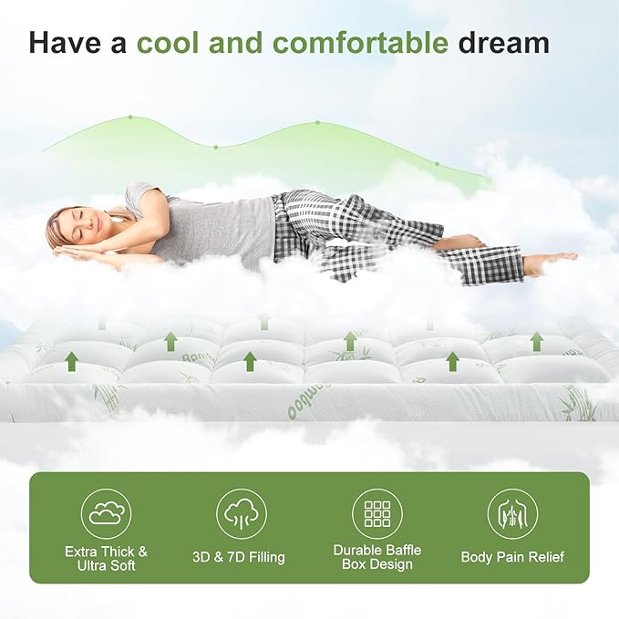 Twin XL Size Mattress Topper Viscose Derived from Bamboo, Soft Thick Pillow Top Mattress Pad Cover for Back Pain, Cooling Mattress Protector with 8-21 Inch Deep Pocket, White