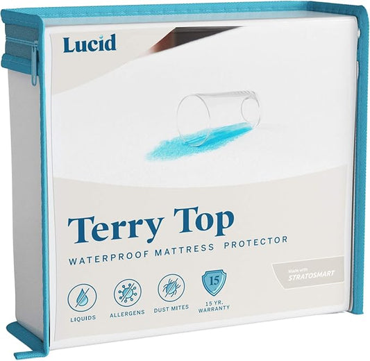 LUCID Premium Waterproof Mattress Protector, Twin XL Size – Fitted Sheet Style, Machine Washable – Cotton Terry Top Cover – Dorm Room Essential – White
