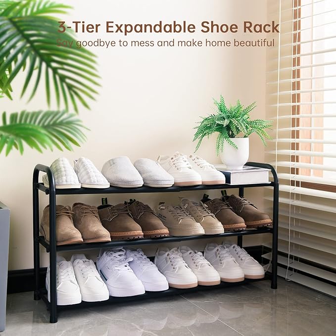 Gonfoam 3-Tier Expandable Shoe Rack,Adjustable Shoe Shelf Storage Organizer Heavy Duty Metal Free Standing Shoe Rack for Entryway Closet Doorway (Black) - Image 2